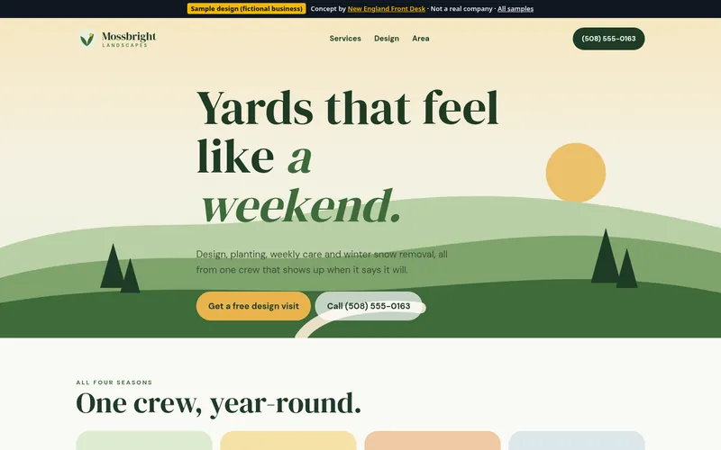 Desktop view of the Mossbright Landscapes sample homepage (fictional business)