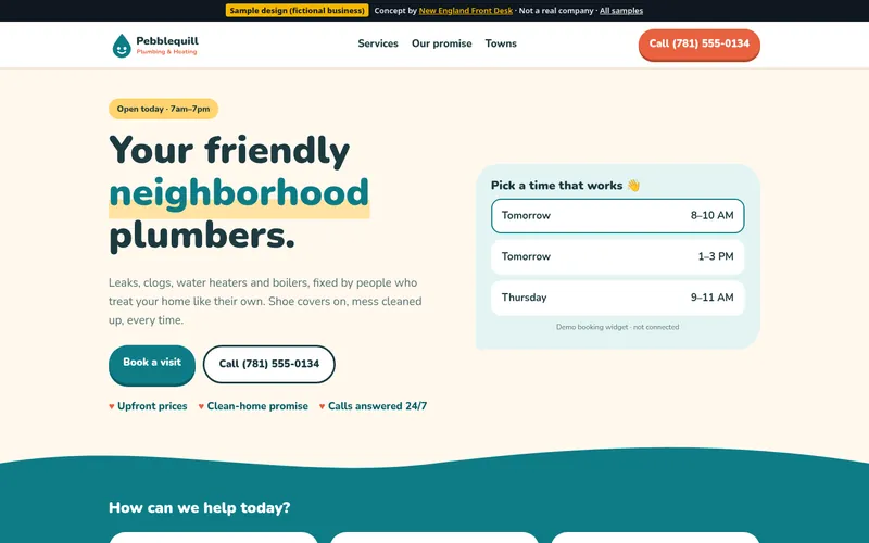 Desktop view of the Pebblequill Plumbing & Heating sample homepage (fictional business)