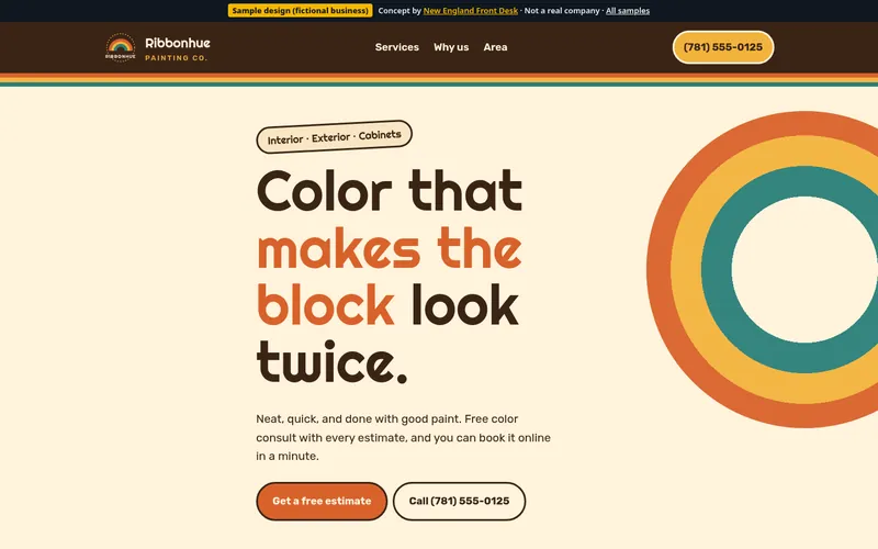 Desktop view of the Ribbonhue Painting Co. sample homepage (fictional business)
