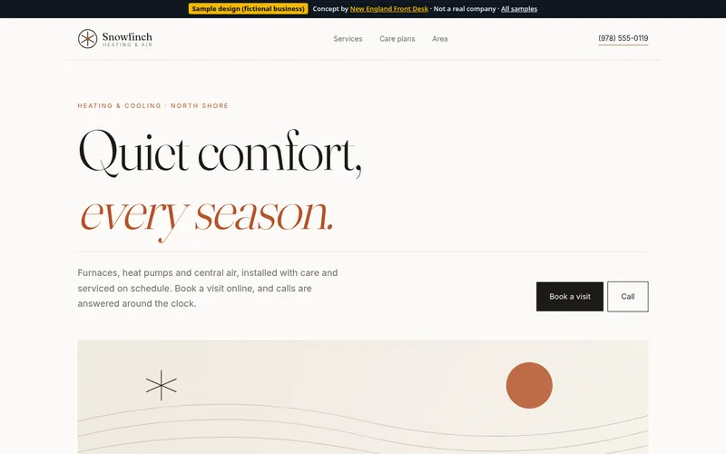 Desktop view of the Snowfinch Heating & Air sample homepage (fictional business)