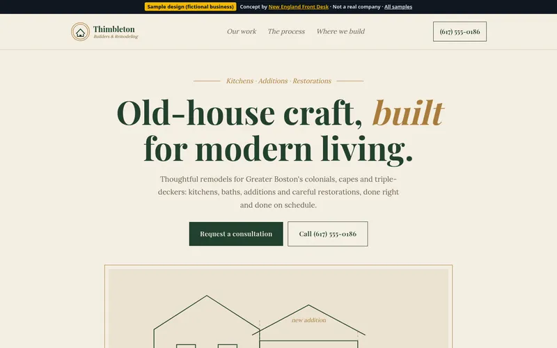 Desktop view of the Thimbleton Builders & Remodeling sample homepage (fictional business)