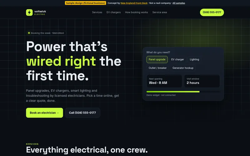 Desktop view of the Voltwick Electric sample homepage (fictional business)