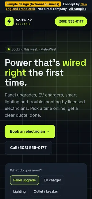 Mobile view of the Voltwick Electric sample homepage (fictional business)